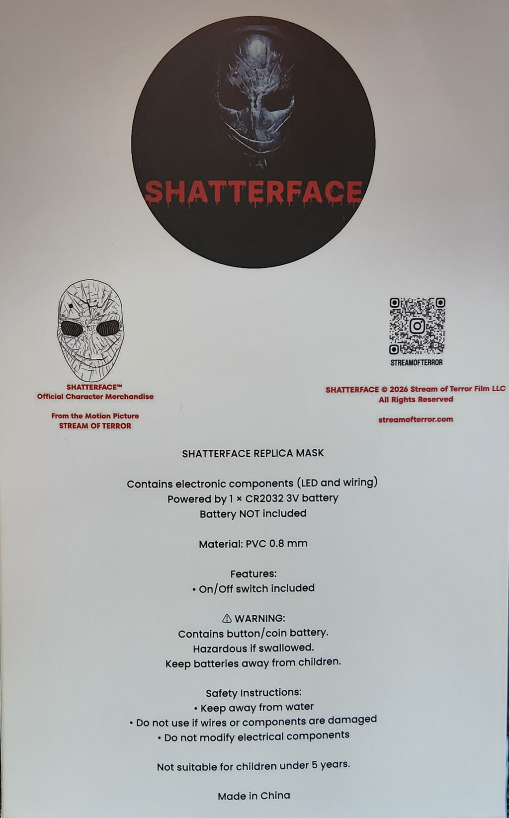 Shatterface LED Light Replica Mask with Stream of Terror Collector Display Box